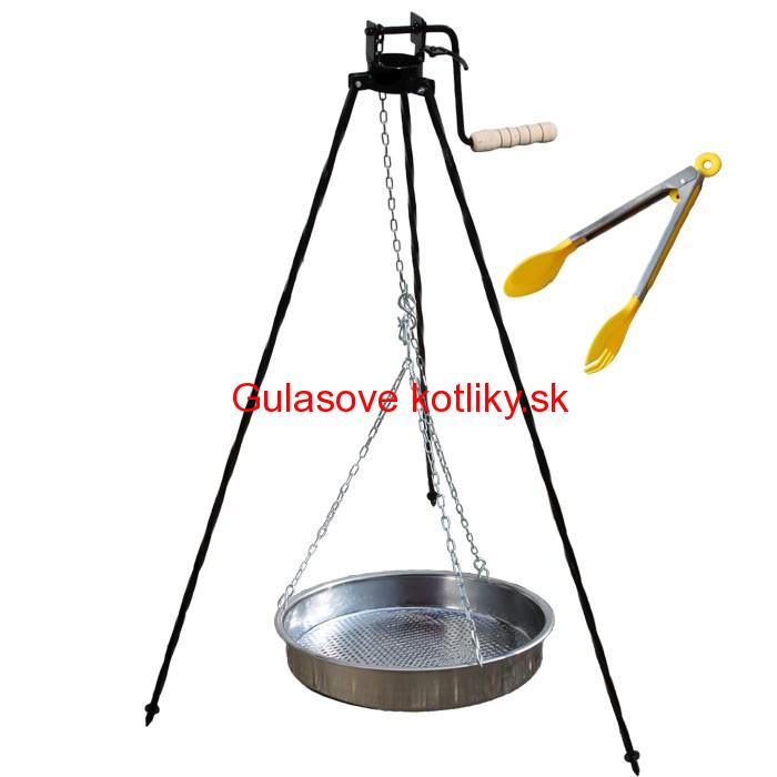 Nerezová panvica s retiazkou 49 cm + trojnožka s poistnou kladkou a obracačka na mäso GRILL PARTY 3
