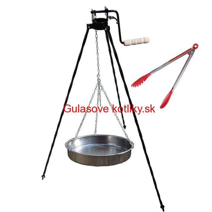 Nerezová panvica s retiazkou 49 cm + trojnožka s poistnou kladkou a obracačka na mäso GRILL PARTY 3