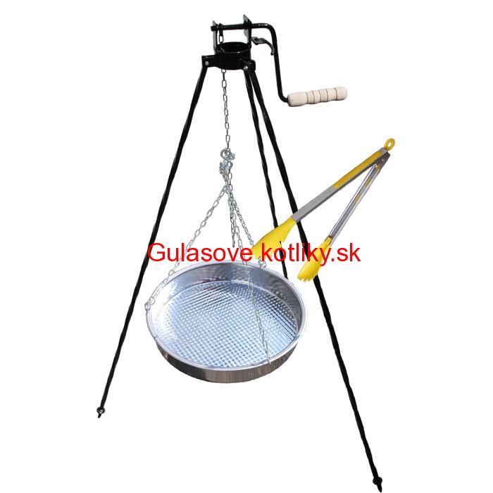 Nerezová panvica s retiazkou 49 cm + trojnožka s poistnou kladkou a obracačka na mäso GRILL PARTY 3