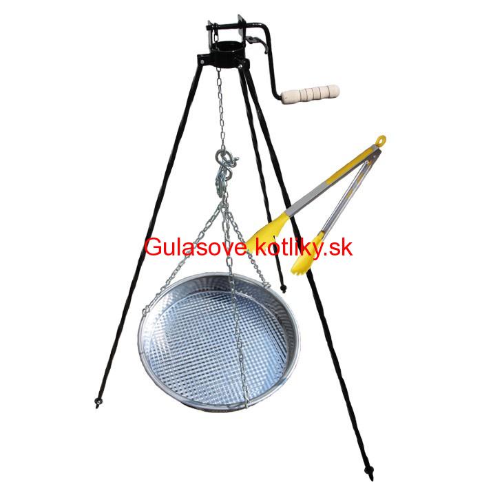 Nerezová panvica s retiazkou 49 cm + trojnožka s poistnou kladkou a obracačka na mäso GRILL PARTY 3