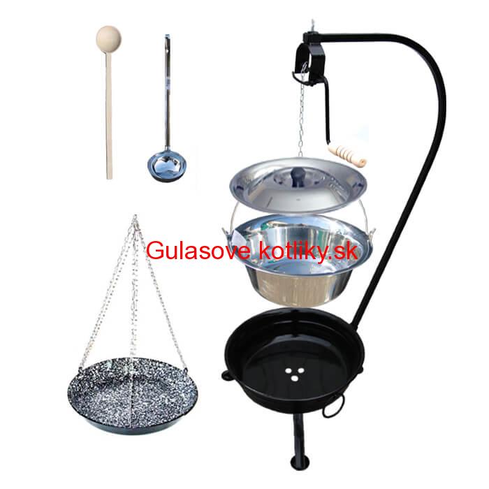 Nerezový kotlík 15 L (1,2 mm) INOX + smaltovaná panvica + ohnisko so stojanom a s poistnou kladkou VAR