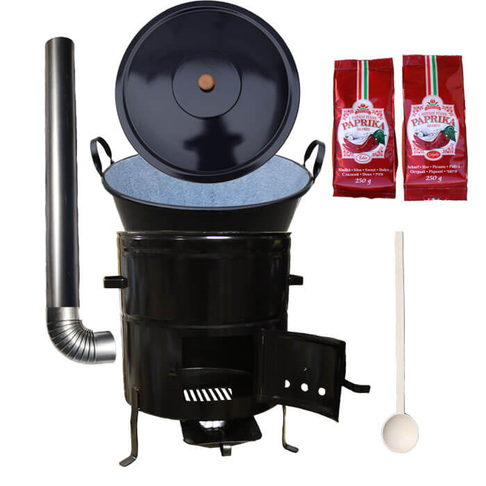 Smaltovaný kotlík na guláš 60 L (1,2 mm) s uškami + kovová kotlina 53 cm a maďarská paprika MAX PARTY