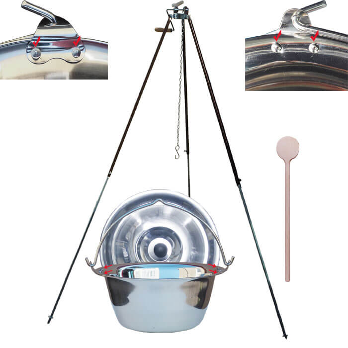 Antikorový kotlík 30 L (0,8 mm) s nitmi + teleskopická trojnožka s poistnou kladkou + pokrievka