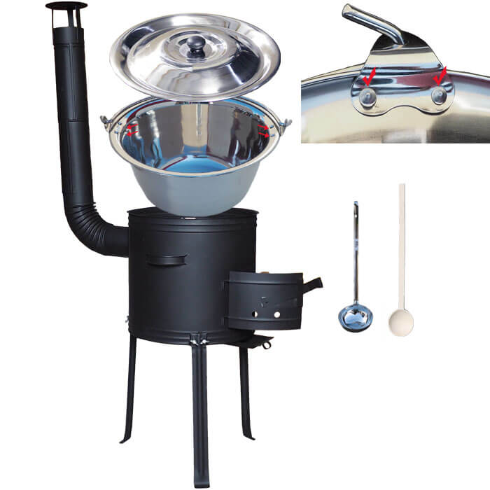 Antikorový kotlík 20 L (0,8 mm) zosilnený s nitmi + kovová kotlina s vysokými nožičkami 42, žiaruvzdorná farba Plus 700 + vareška a naberačka