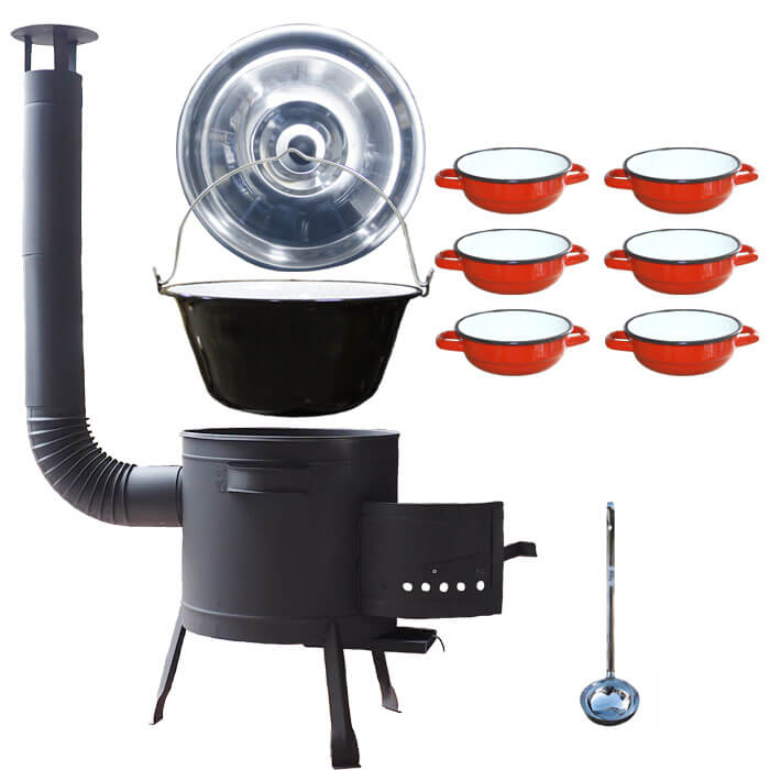 Smaltovaný kotlík 20 L + selské misky 6 ks + nízka žiaruvzdorná kotlina 42 cm PLUS 600