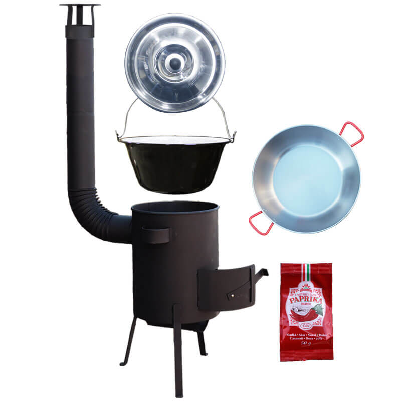 Smaltovaný kotlík 22 L + Panvica PAELLA (WOK) 45 cm + sladká paprika 50 g + žiaruvzdorná kotlina 42 PLUS 600 s roštom na popol 4 mm