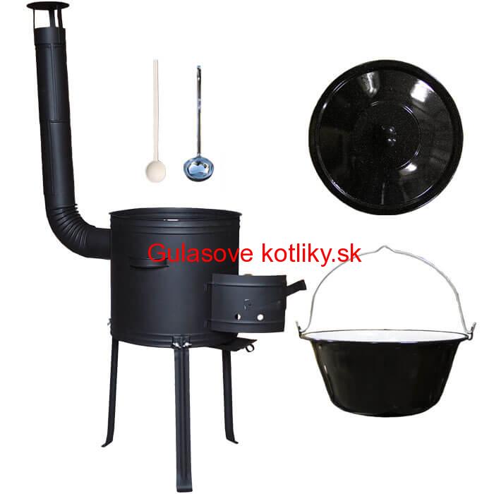 Smaltovaný kotlík 13 L (1,2 mm) + kovová kotlina s vysokými nožičkami 36 cm + vareška a naberačka