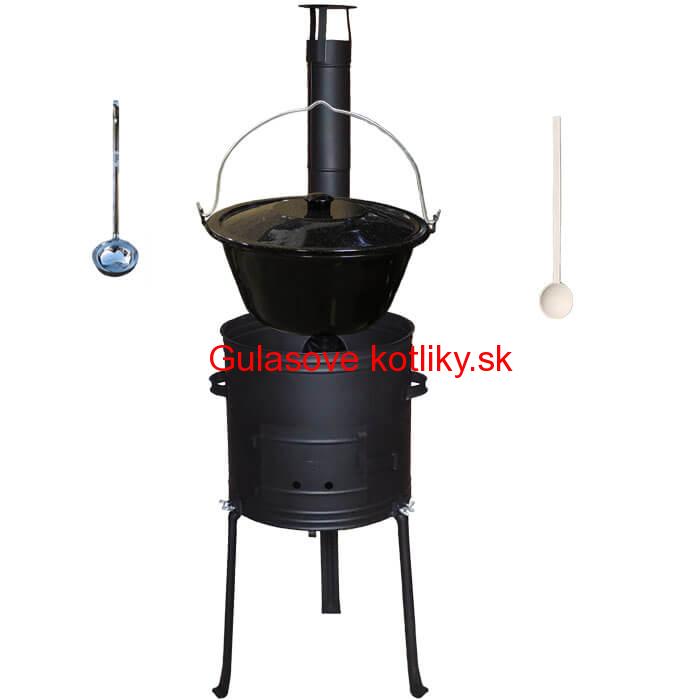 Smaltovaný kotlík 13 L (1,2 mm) + kotlina s vysokými nožičkami 36 cm, žiaruvzdorná farba Plus 700 + vareška a naberačka