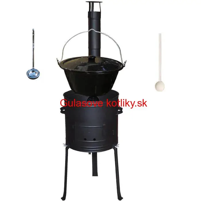 Smaltovaný kotlík 20 L + kovová kotlina s vysokými nožičkami 42 cm, žiaruvzdorná farba Plus 700 + vareška a naberačka