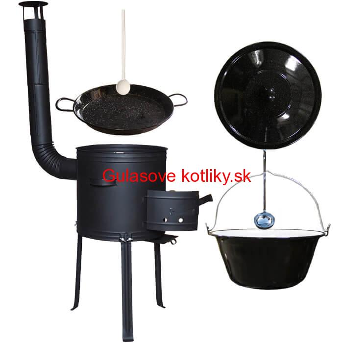 Smaltovaný kotlík 20 L + Paella panvica 46 cm + kovová kotlina s vysokými nožičkami 42 cm, žiaruvzdorná farba Plus 700