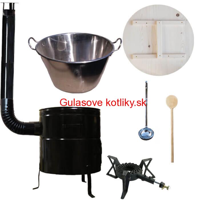 Zabíjačkový nerezový kotol 100 L, kovová kotlina 60 cm, drevená pokrievka, horák 7 kW + dymovod