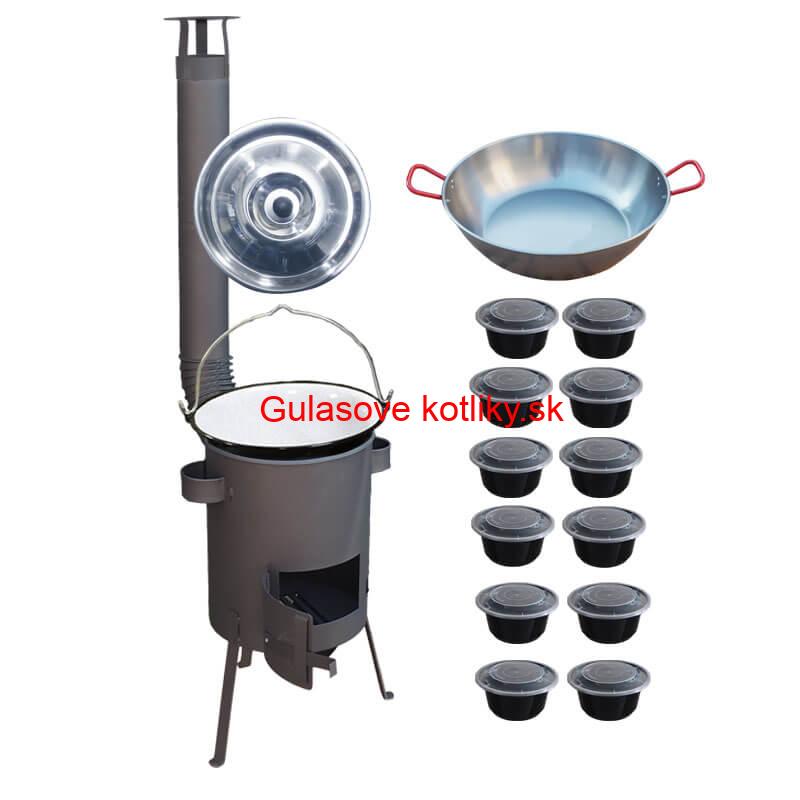 Smaltovaný kotlík 22 L + Panvica PAELLA (WOK) 45 cm + misky 12 ks + žiaruvzdorná kotlina 42 PLUS 600 s roštom na popol 4 mm