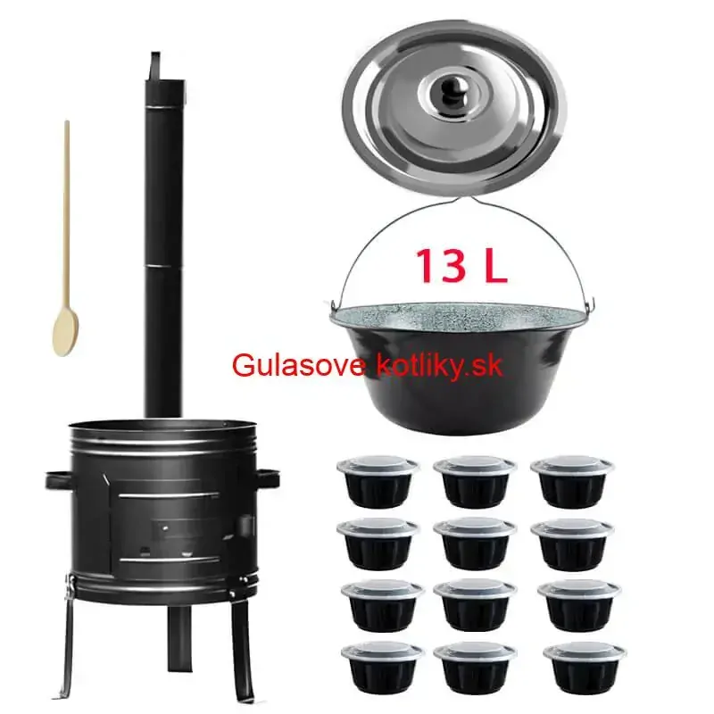 Smaltovaný kotlík 13 L + kovová kotlina 36 KOV + misky 12 ks