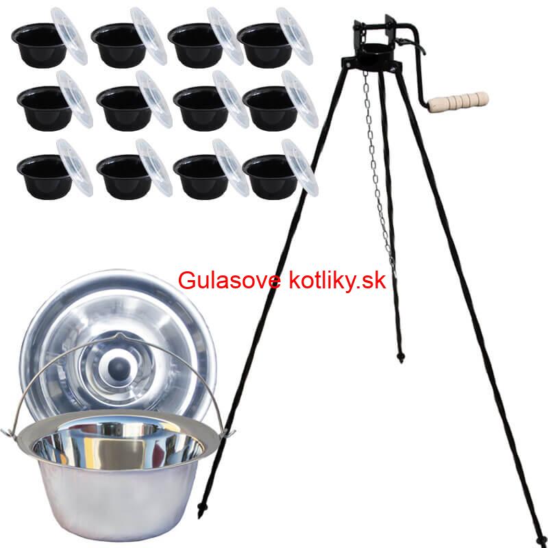 Nerezový kotlík 20 L (0,8 mm) + stojan s kladkou VAR + misky 12 ks
