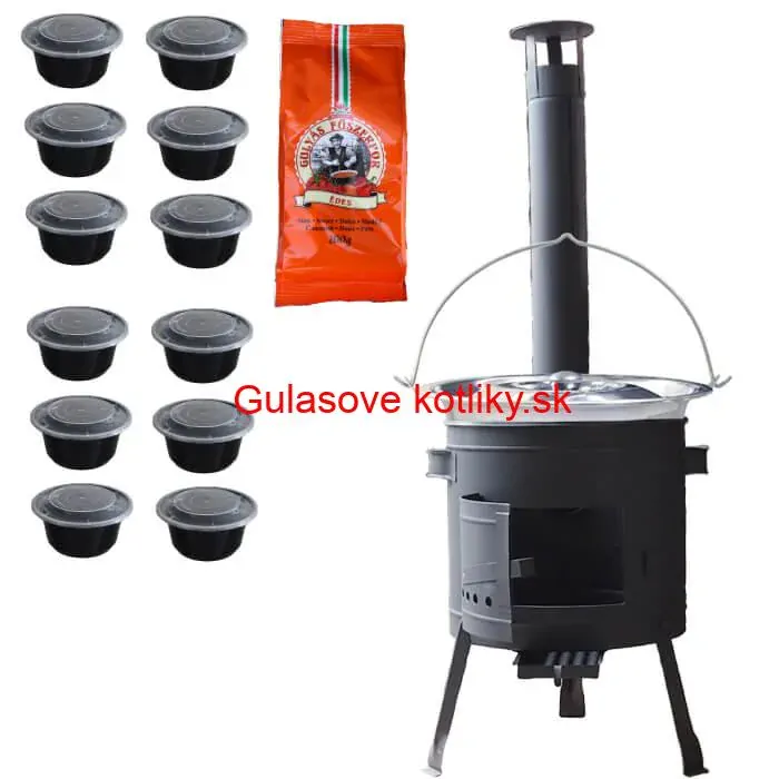 Nerezový kotlík 22 L (0,8 mm) INOX + hrubostenná (1,5 mm) žiaruvzdorná kotlina BALKY STRONG 42 PLUS 600 + misky 12 ks + paprikové korenie na guláš 100 g