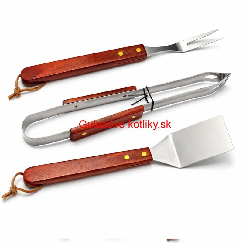 Grilovacie náradie BBQ – súprava 3 ks, nerez a drevo, 33 cm