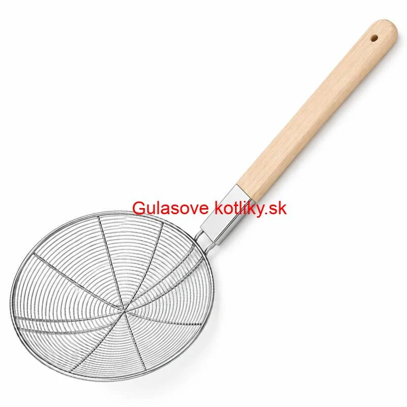 Veľké nerezové sitko 22,5 cm s drevenou rukoväťou – dĺžka 56,5 cm