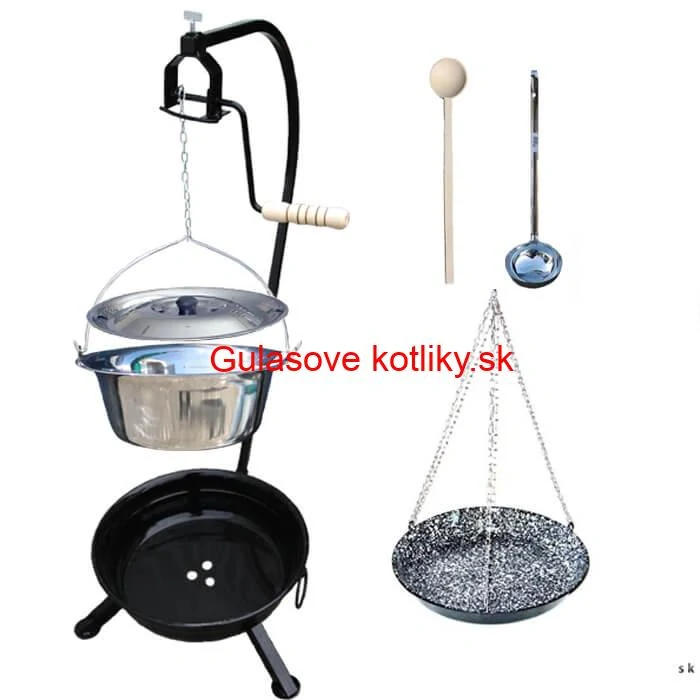 Nerezový kotlík 10 L (0,8 mm) INOX + smaltovaná panvica + ohnisko so stojanom a s poistnou kladkou VAR