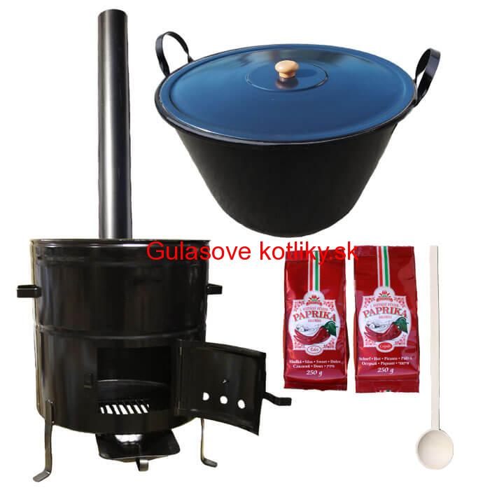 Smaltovaný kotlík na guláš 100 L (1,2 mm) s uškami + kovová kotlina 60 cm a maďarská paprika MAX PARTY