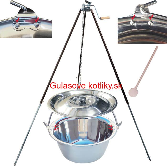 Antikorový kotlík 15 L (0,8 mm) s nitmi + teleskopická trojnožka s poistnou kladkou + pokrievka