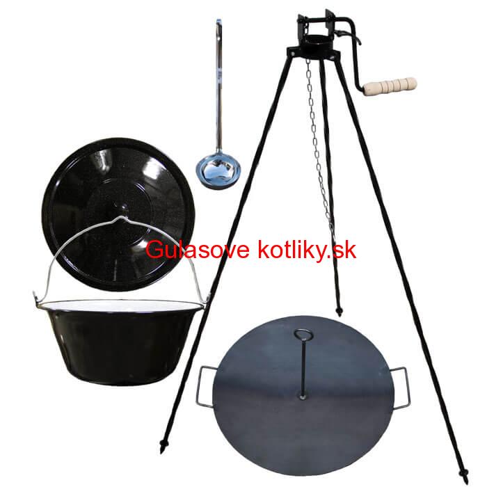 Smaltovaný kotlík 16 L (1,2 mm) + panvica na grilovanie a stojan s kladkou VAR
