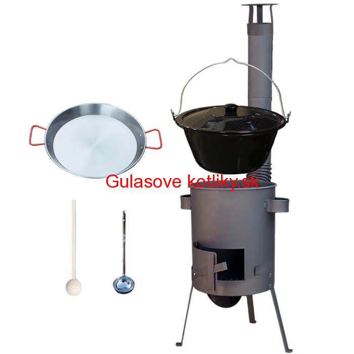 Smaltovaný kotlík 16 L + Paella oceľová panvica 42 cm + žiaruvzdorná kotlina 39 PLUS 600 s roštom na popol 4 mm