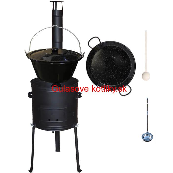 Smaltovaný kotlík 13 L (1,2 mm) + Paella panvica 38 cm + kotlina s vysokými nožičkami 36 cm, žiaruvzdorná farba Plus 700