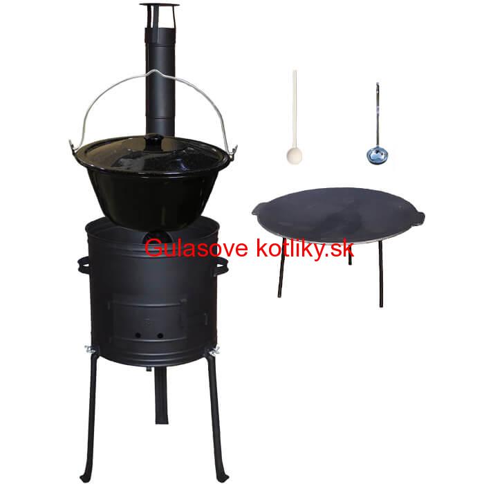 Smaltovaný kotlík 25 L + Liatinová panvica 45 cm + kovová kotlina s vysokými nožičkami 42 cm, žiaruvzdorná farba Plus 700