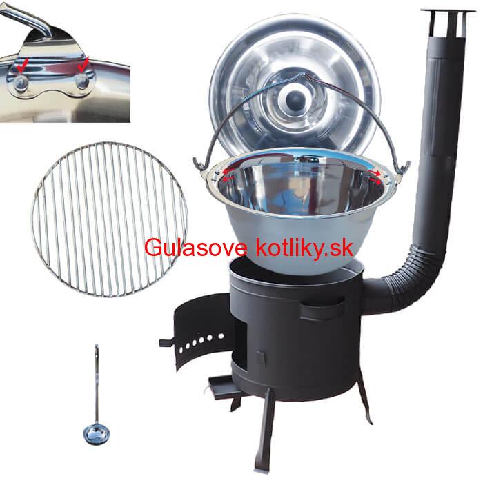 Nerezový kotlík 20 L (0,8 mm) s nitmi INOX + Nerezový rošt 45 cm + nízka žiaruvzdorná kotlina 42 cm PLUS 600