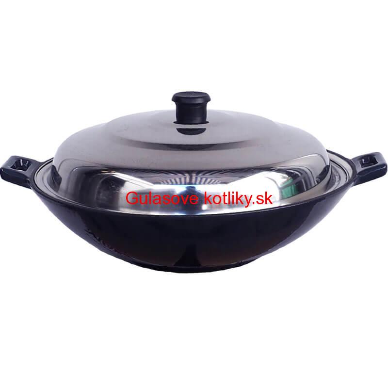 Liatinový wok – smaltovaný povrch 37 cm + nerezová pokrievka