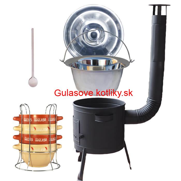 Nerezový kotlík 22 L (0,8 mm) INOX + misky na guláš 4 ks + nízka žiaruvzdorná kotlina 42 PLUS 600