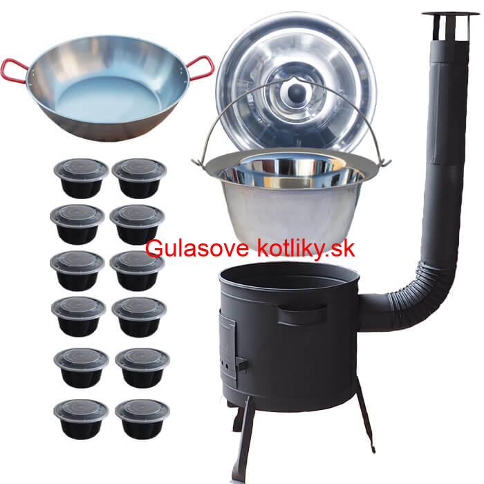 Nerezový kotlík 22 L (0,8 mm) INOX + Panvica PAELLA (WOK) 45 cm + misky 12 ks + nízka kotlina 42 PLUS 600