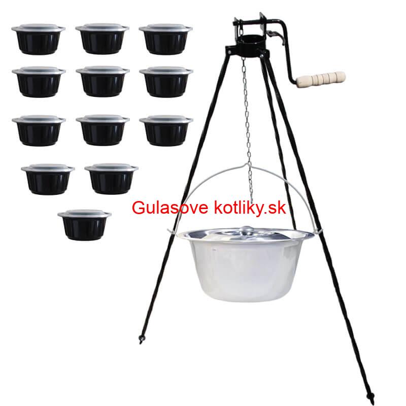 Nerezový kotlík 14 L (0,8 mm) INOX+ stojan s kladkou VAR + misky 12 ks