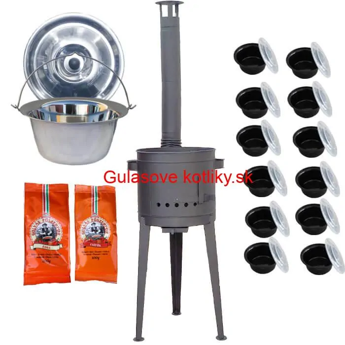 Nerezový kotlík 22 L (0,8 mm) INOX + vysoká žiaruvzdorná kotlina (1,5 mm) HODO 42 cm PLUS 600 + misky 12 ks + 2 x korenie na guláš 100 g