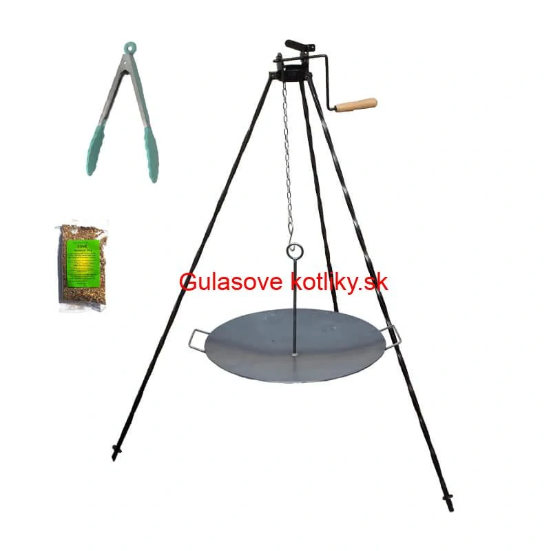 Grilovacia súprava CLASSIC STEEL PRO: Trojnožka 1,2 m s kladkou + Železná panvica 49 cm