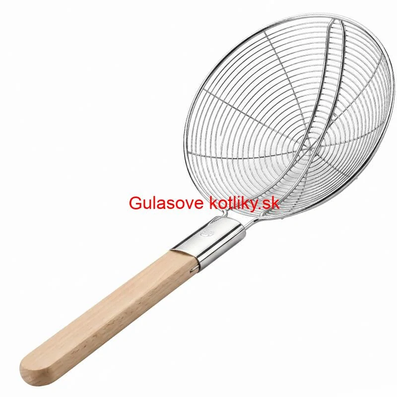 Veľké nerezové sitko 22,5 cm s drevenou rukoväťou – dĺžka 56,5 cm