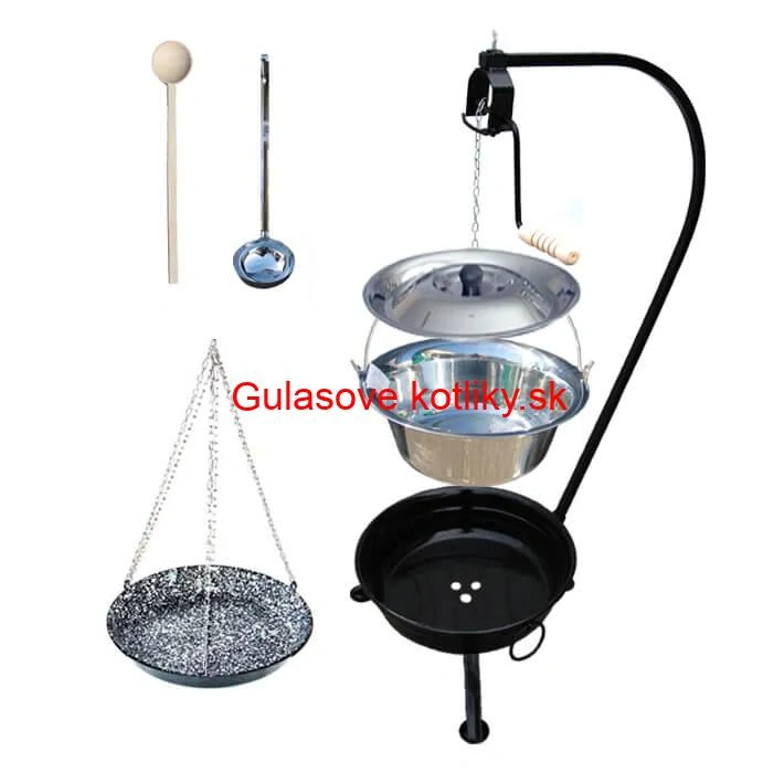 Nerezový kotlík 14 L (0,8 mm) INOX + smaltovaná panvica + ohnisko so stojanom a s poistnou kladkou VAR