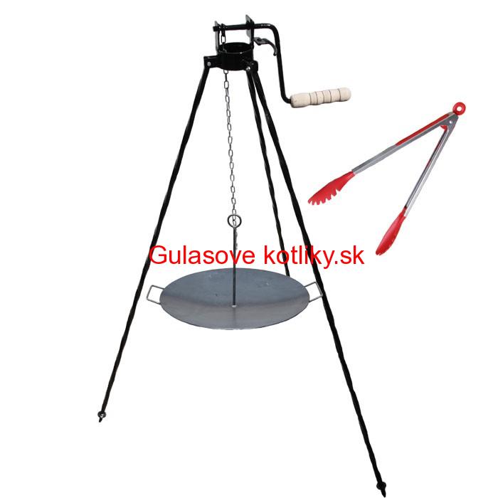 Železná panvica 49 cm s uškami a so závesným držiakom + trojnožka s poistnou kladkou a obracačka na mäso PARTY 2