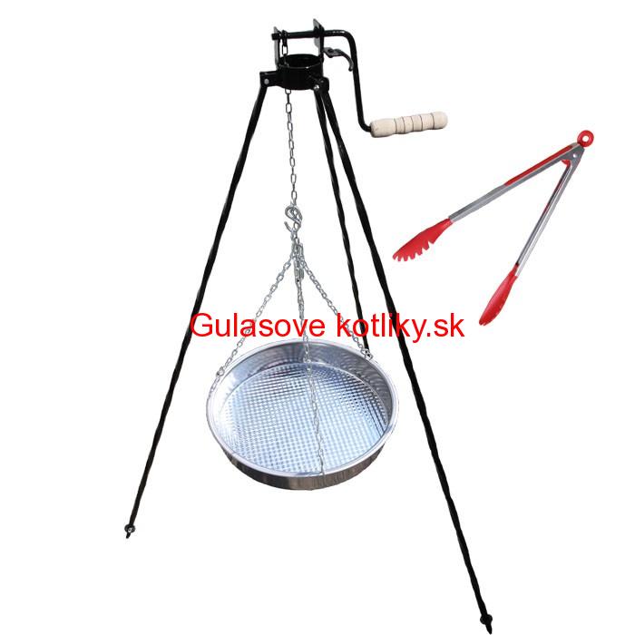 Nerezová panvica s retiazkou 42 cm + trojnožka s poistnou kladkou a obracačka na mäso GRILL PARTY 2