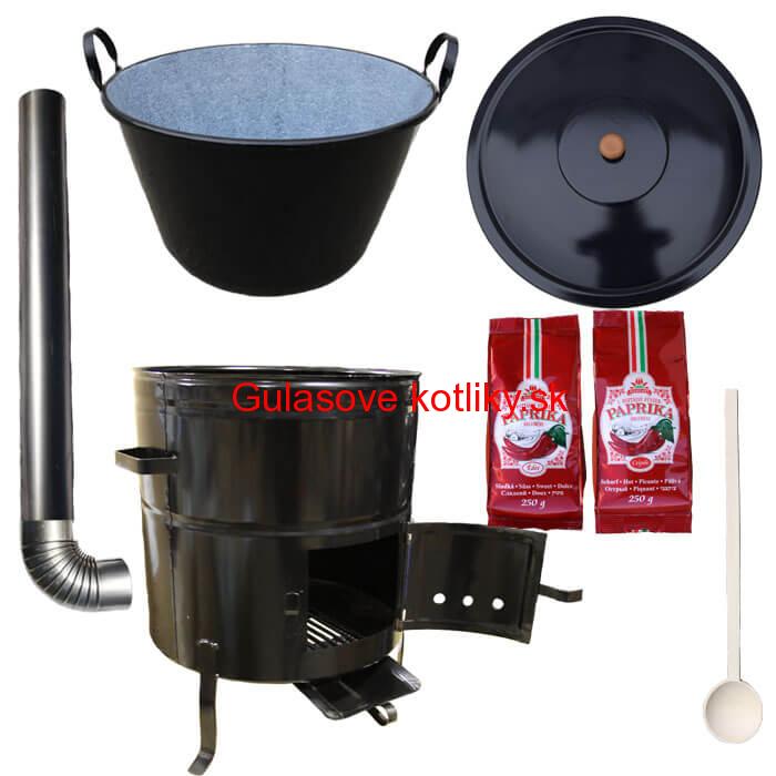 Smaltovaný kotlík na guláš 100 L (1,2 mm) s uškami + kovová kotlina 60 cm a maďarská paprika MAX PARTY