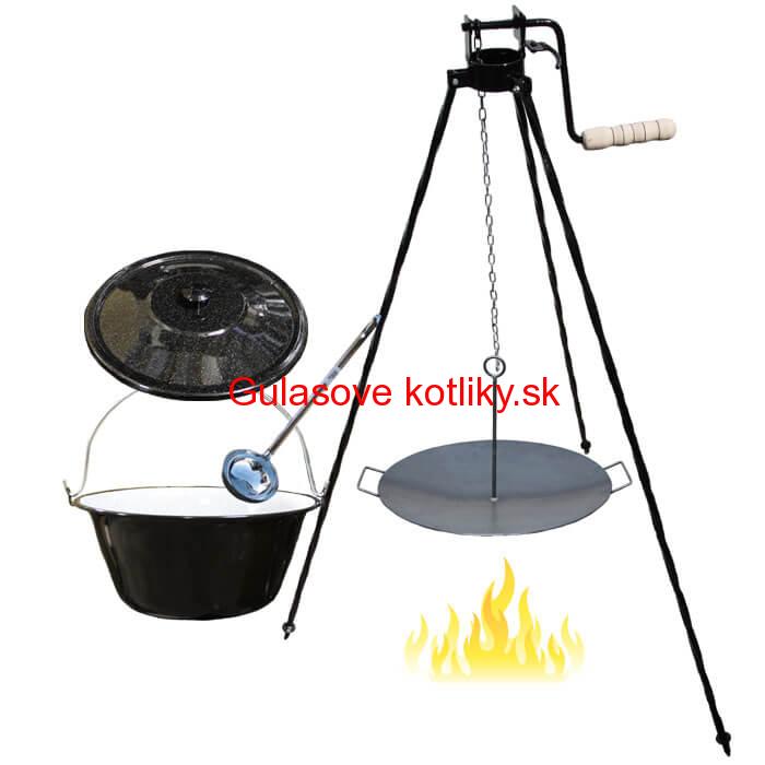 Smaltovaný kotlík 16 L (1,2 mm) + panvica na grilovanie a stojan s kladkou VAR