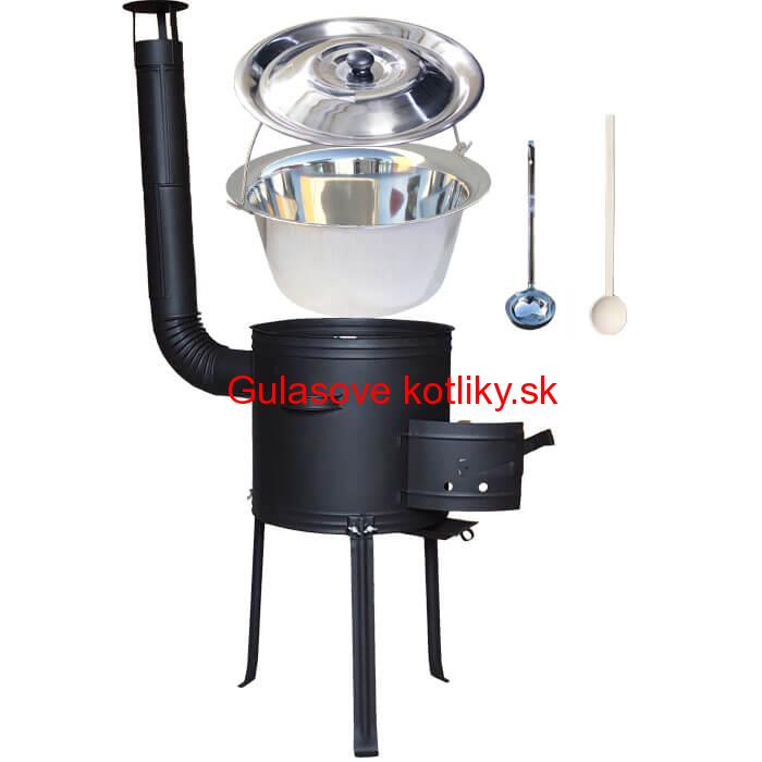 Antikorový kotlík 14 L (0,8 mm) + kovová kotlina s vysokými nožičkami 36 cm + vareška a naberačka