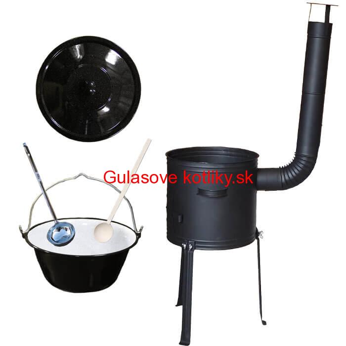 Smaltovaný kotlík 30 L + kovová kotlina s vysokými nožičkami 42 cm, žiaruvzdorná farba Plus 700 + vareška a naberačka