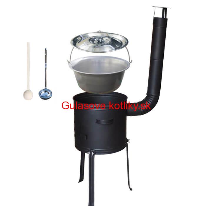 Nerezový kotlík 15 L (1,5 mm) + kovová kotlina s vysokými nožičkami 36 cm, žiaruvzdorná farba Plus 700 + vareška a naberačka