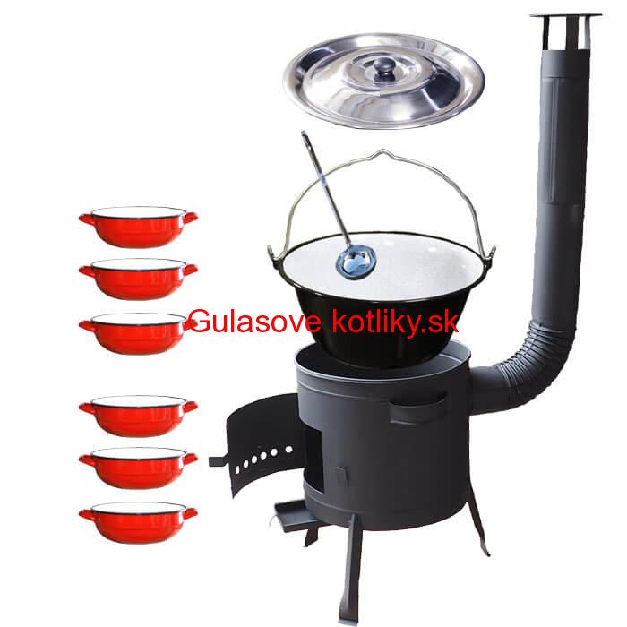 Smaltovaný kotlík 25 L + selské misky 6 ks + nízka žiaruvzdorná kotlina 42 cm PLUS 600