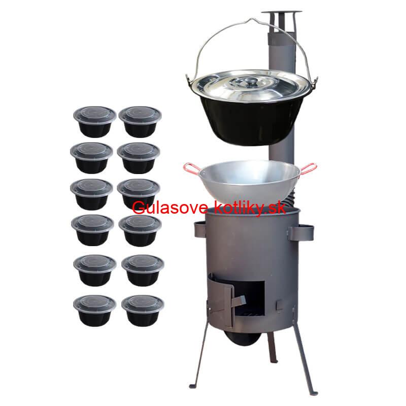 Smaltovaný kotlík 22 L + Panvica PAELLA (WOK) 45 cm + misky 12 ks + žiaruvzdorná kotlina 42 PLUS 600 s roštom na popol 4 mm