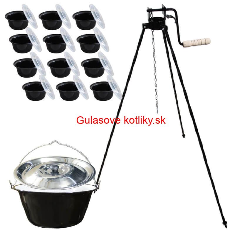 Smaltovaný kotlík 16 L + stojan s kladkou VAR + misky 12 ks