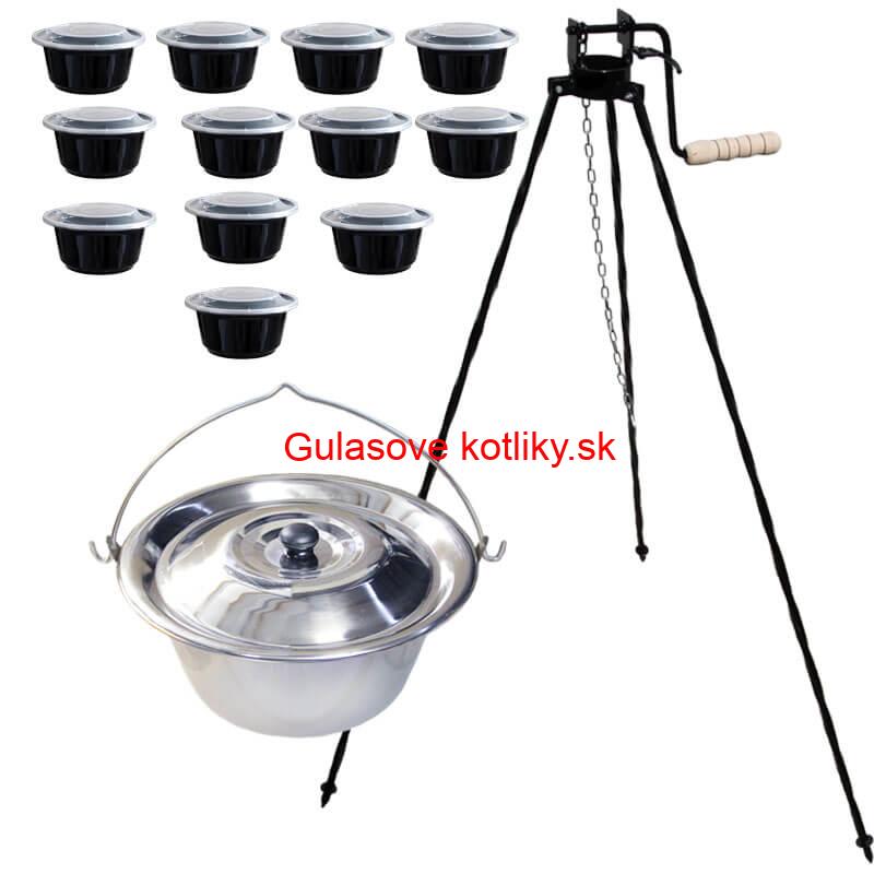 Nerezový kotlík 14 L (0,8 mm) INOX+ stojan s kladkou VAR + misky 12 ks