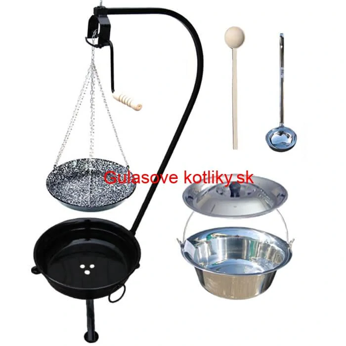 Nerezový kotlík 10 L (0,8 mm) INOX + smaltovaná panvica + ohnisko so stojanom a s poistnou kladkou VAR