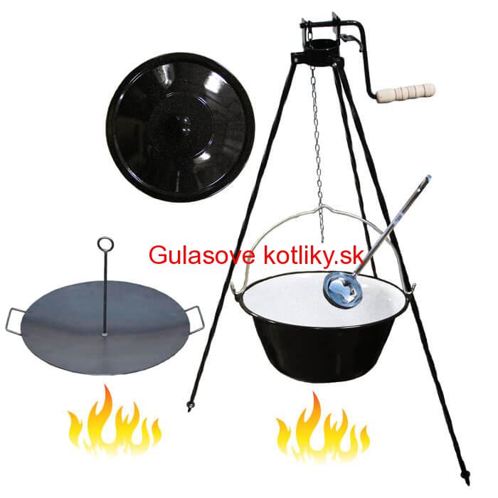 Smaltovaný kotlík 16 L (1,2 mm) + panvica na grilovanie a stojan s kladkou VAR